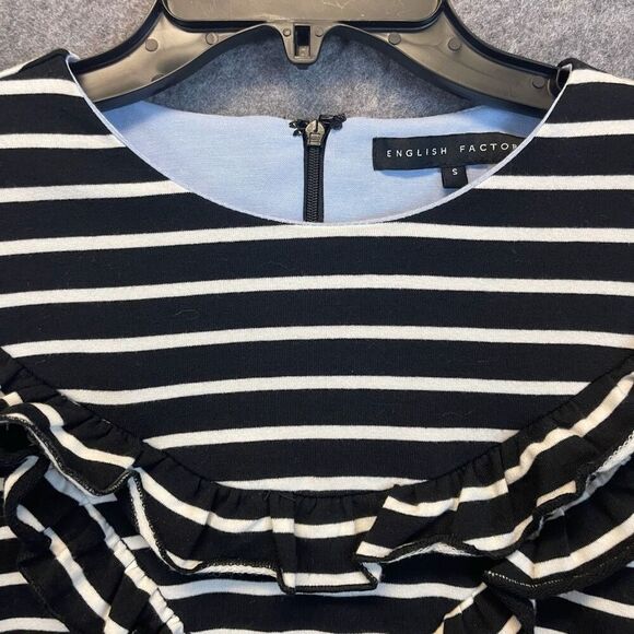 ENGLISH FACTORY Top Women's Small Black White Striped Ruffled Trim Long Sleeve - Picture 4 of 13